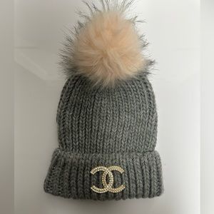 Fashion Grey Beanie with Pink Pom - Never Worn!!